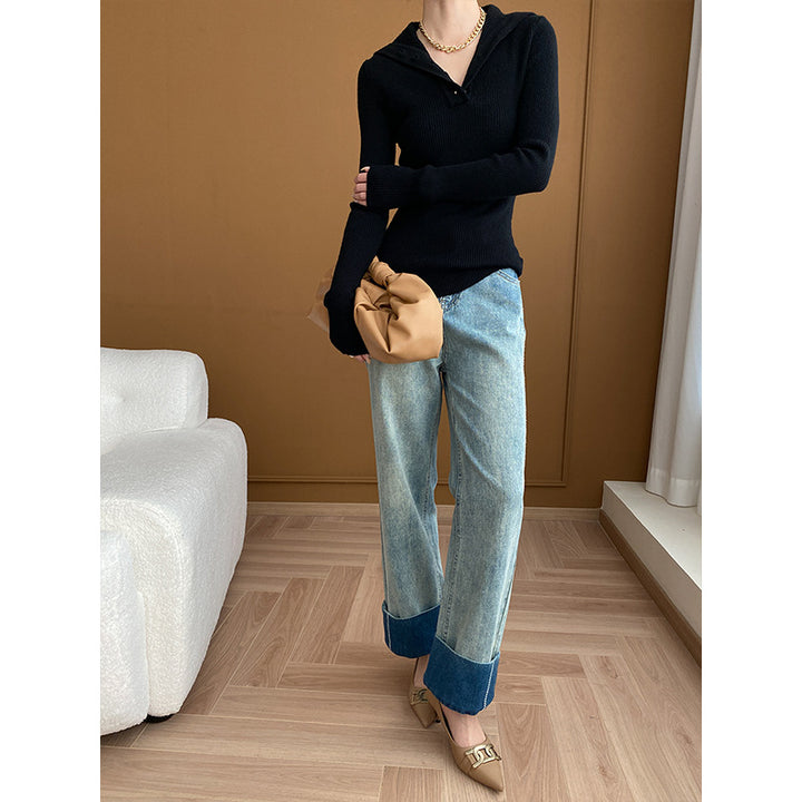 Damen lässiger Strickpullover mit tiefem V-Ausschnitt und Knopfleiste Drune
