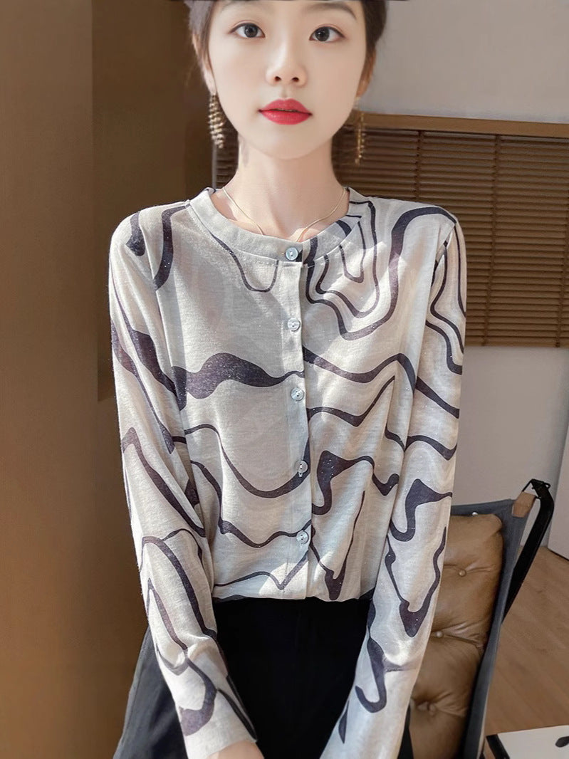 Damen Leichter Aquarell‑Print Feinstrick‑Cardigan mit Rundhalsausschnitt und Knopfleiste Drune