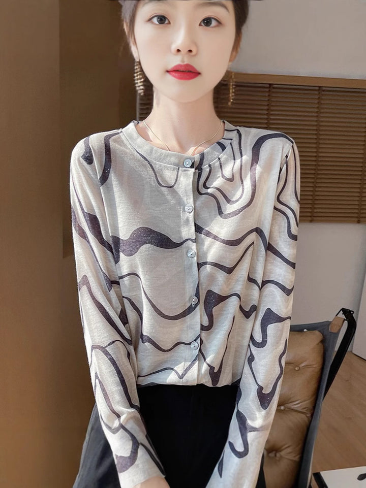 Damen Leichter Aquarell‑Print Feinstrick‑Cardigan mit Rundhalsausschnitt und Knopfleiste Drune
