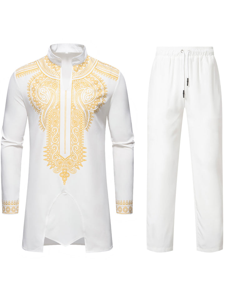 Herren Traditionelles besticktes Tunika‑Set mit Mandarinkragen und elastischer Hose Drune