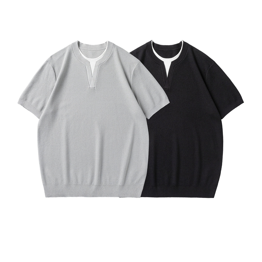 Herren Kurzarm-Strickshirt mit strukturierter Waffeloptik und V-Notch-Kragen Drune