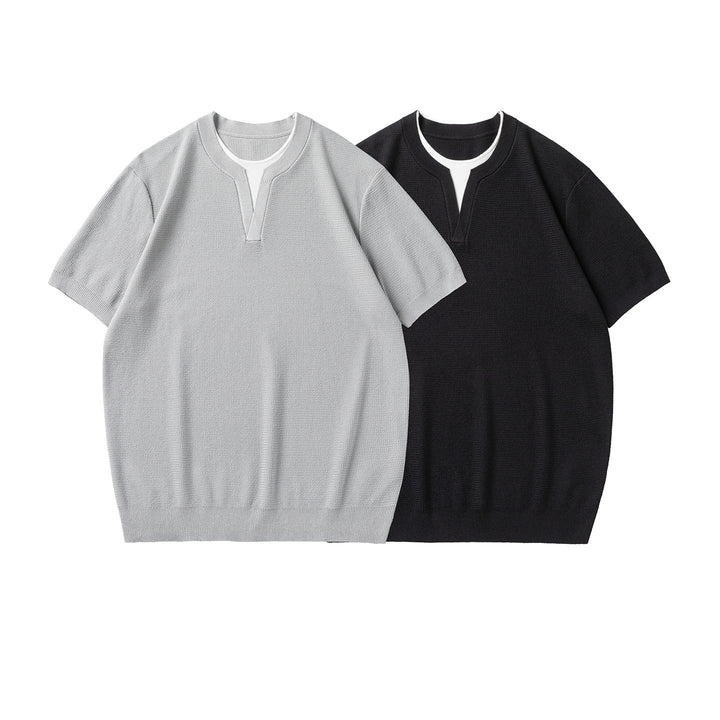 Herren Kurzarm-Strickshirt mit strukturierter Waffeloptik und V-Notch-Kragen Drune