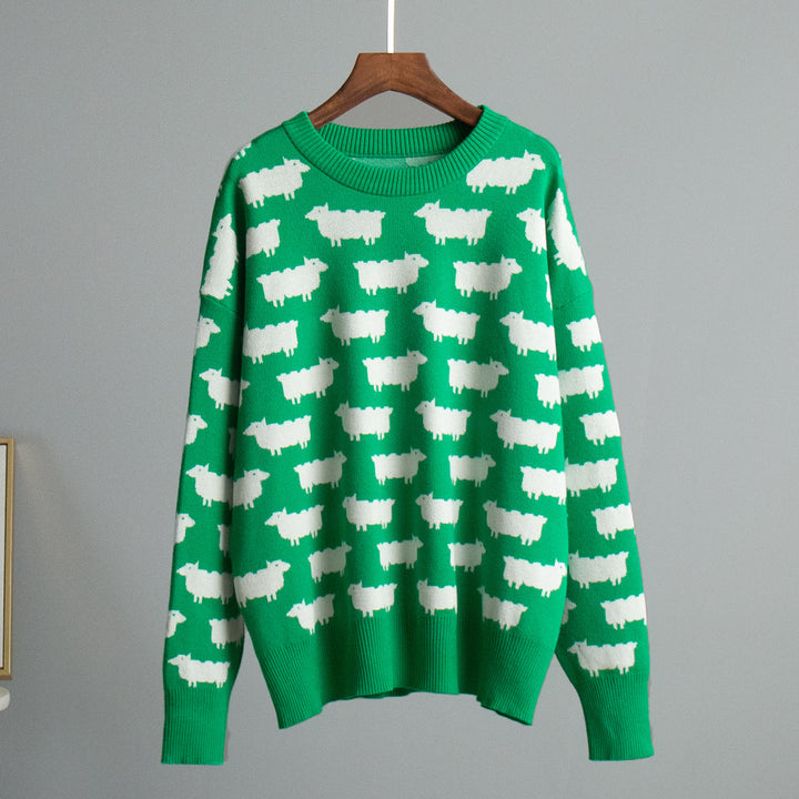 Damen Gemusterter Strickpullover mit Schafmotiven Drune