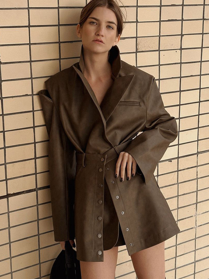 Damen lässige Kunstlederjacke mit hohem Kragen und praktischen Druckknöpfen Drune