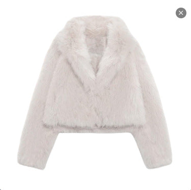 Damen Kurze Cropped Kunstpelzjacke mit voluminösem Schalkragen Drune