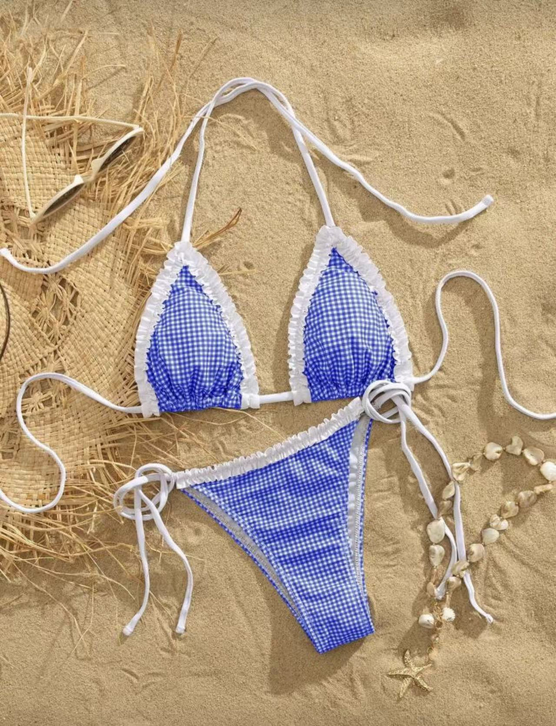Damen Bikini-Set mit verspieltem Karomuster und charmanten Rüschendetails Drune