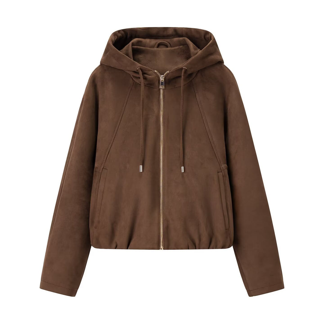 Damen Kurzjacke im Veloursleder‑Look mit Kapuze, Tunnelzug und Reißverschluss Drune