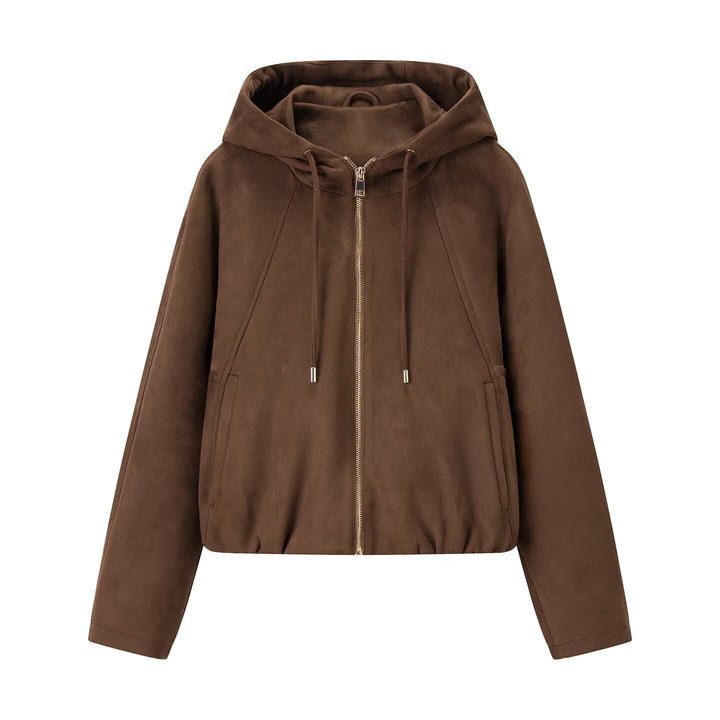 Damen Kurzjacke im Veloursleder‑Look mit Kapuze, Tunnelzug und Reißverschluss Drune