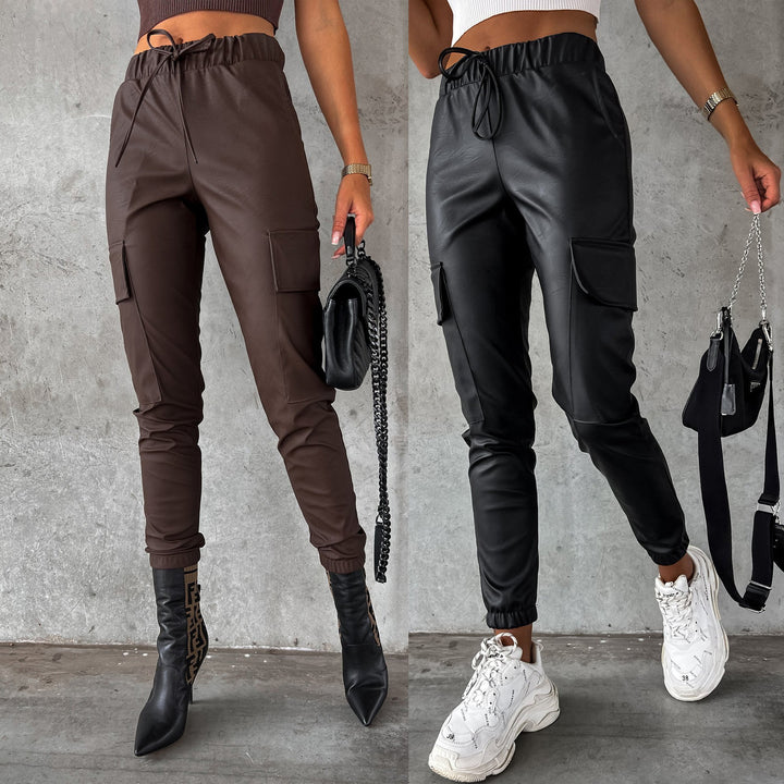 Damen Kunstleder Jogginghose mit praktischen Taschen und elastischem Bund Drune