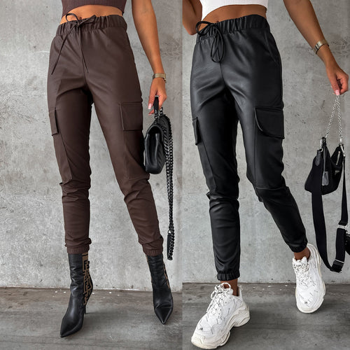 Damen Kunstleder Jogginghose mit praktischen Taschen und elastischem Bund Drune