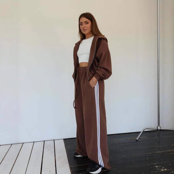 Damen lässiger Freizeit-Jogginganzug mit cropped Sweatjacke und weiten Hosen Drune