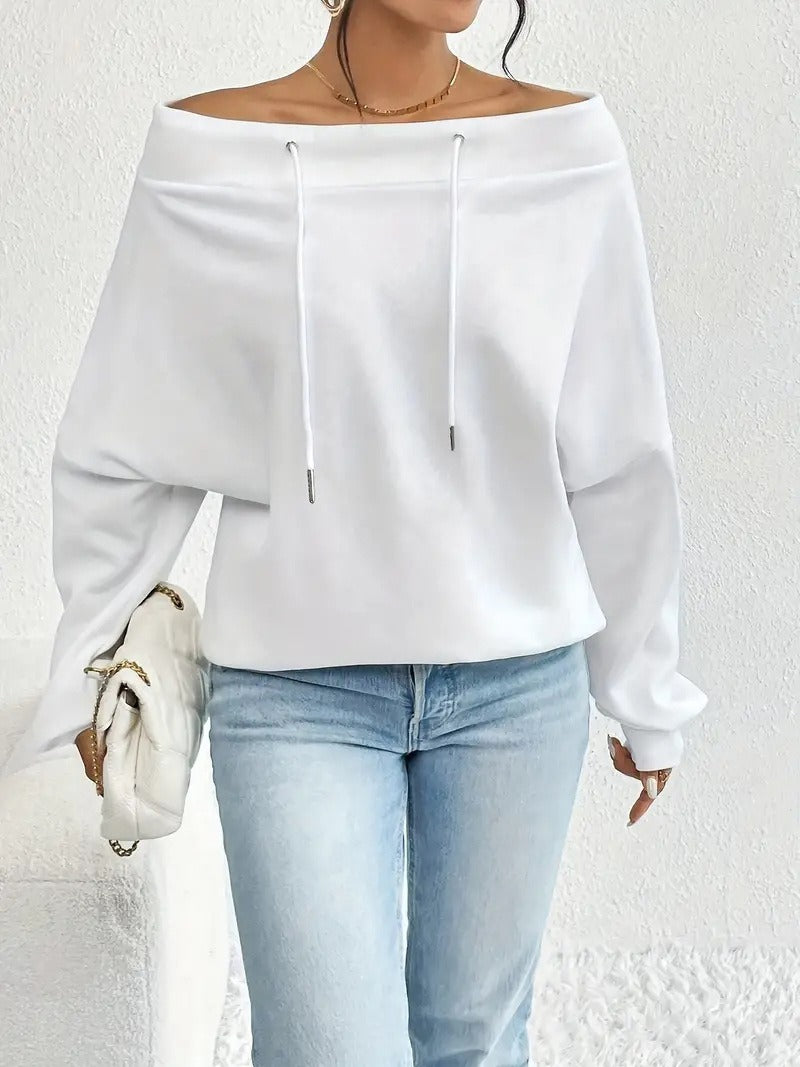 Damen lässiges Sweatshirt mit offener Schulterpartie und Kordelzug Drune