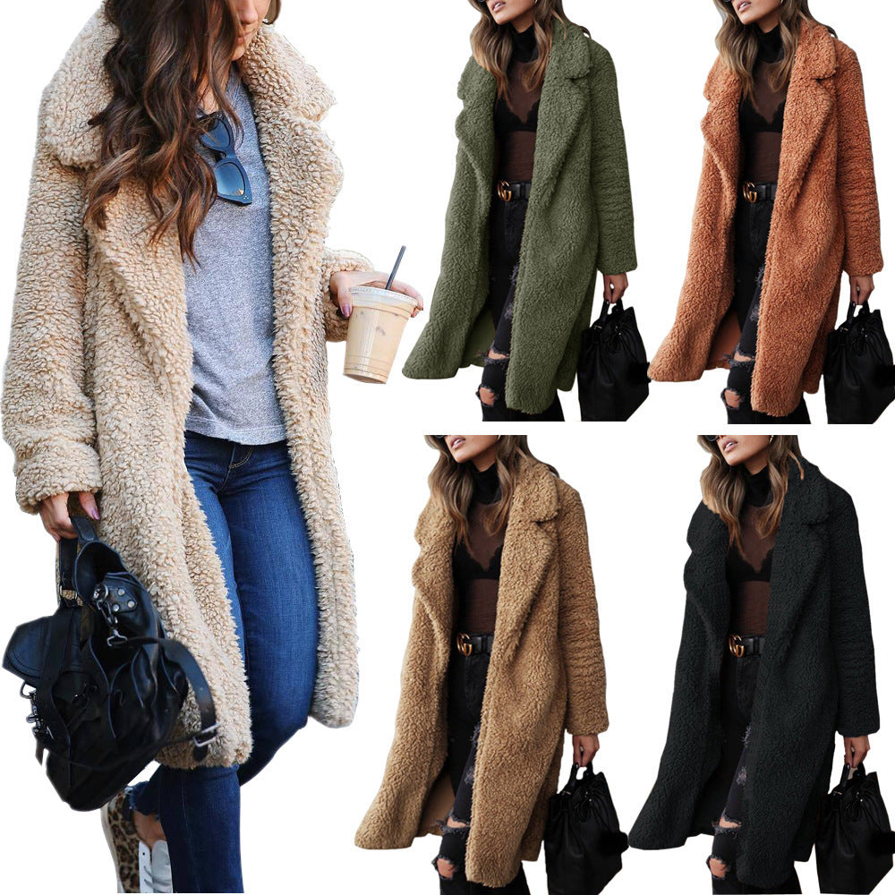 Damen kuscheliger Teddy-Mantel mit elegantem Revers und praktischen Taschen Drune