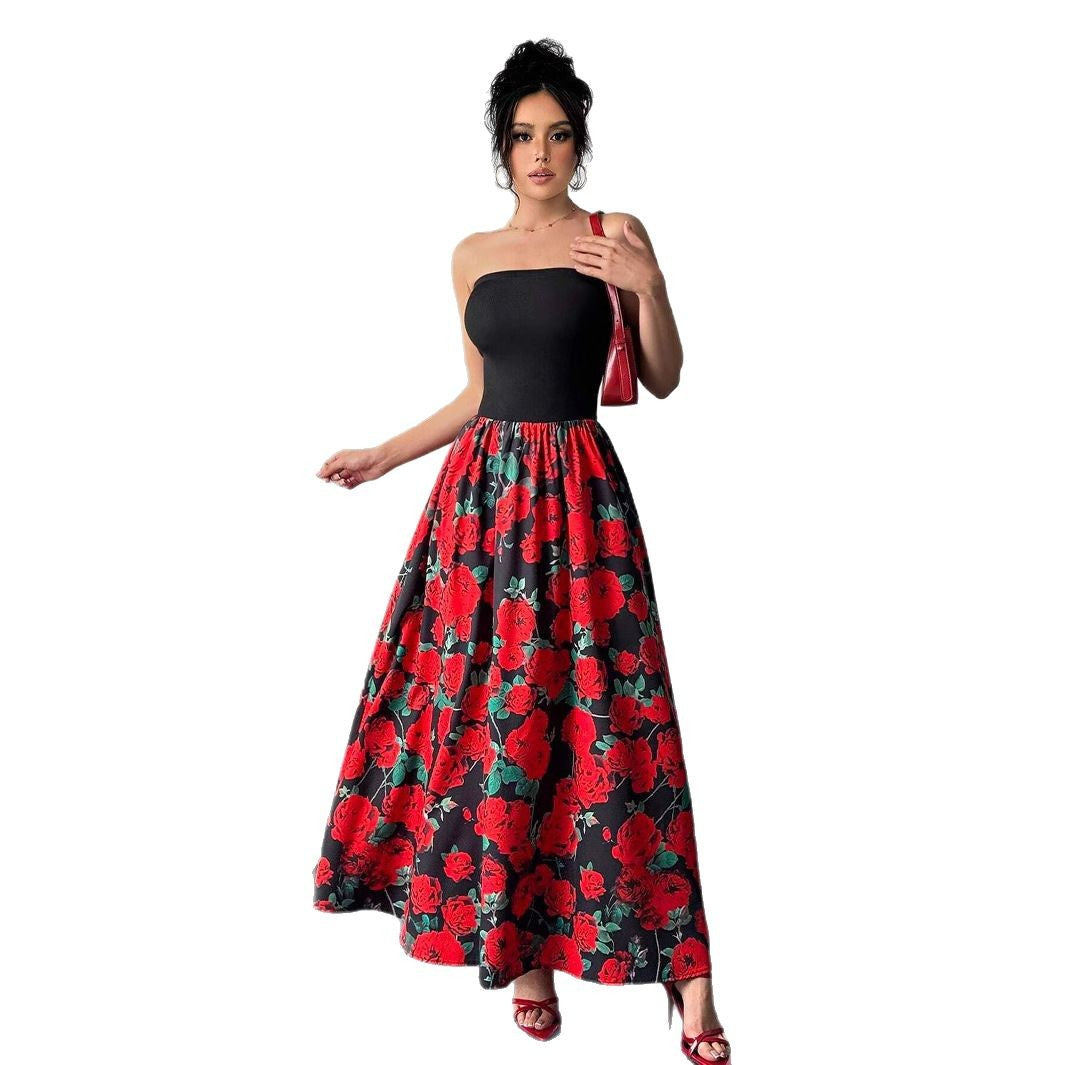 Damen nan trägerloses Maxikleid mit figurbetontem Bandeau-Oberteil und ausgestelltem Rosen-Print-Rock Drune