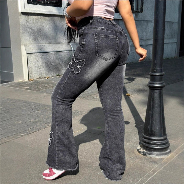Damen Hochtaillierte Flared-Jeans mit Schmetterlingsstickerei, rohem Saum und sculptendem Stretchbund Drune