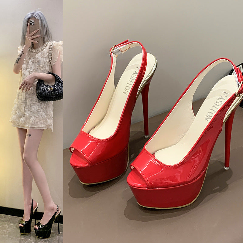 Damen Plateau-Peeptoe-Slingback mit hohem Stilettoabsatz und Lackoptik Drune