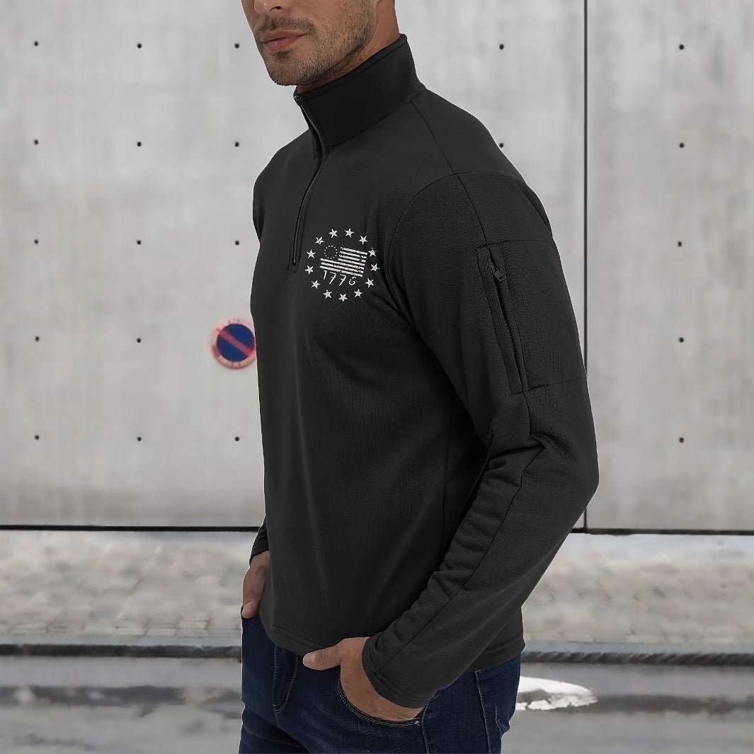 Herren Taktischer Halb-Reißverschluss Pullover mit Ärmeltasche und patriotischem Brustprint Drune