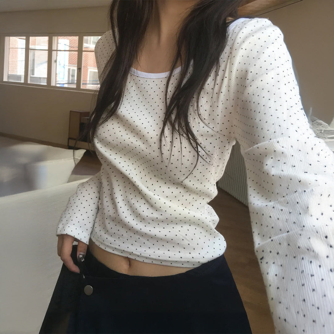 Damen nan geripptes Crop-Longsleeve mit feinem Pünktchenmuster und U-Ausschnitt Drune