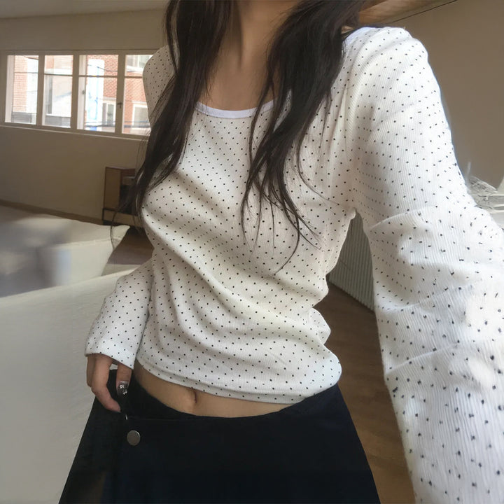 Damen nan geripptes Crop-Longsleeve mit feinem Pünktchenmuster und U-Ausschnitt Drune