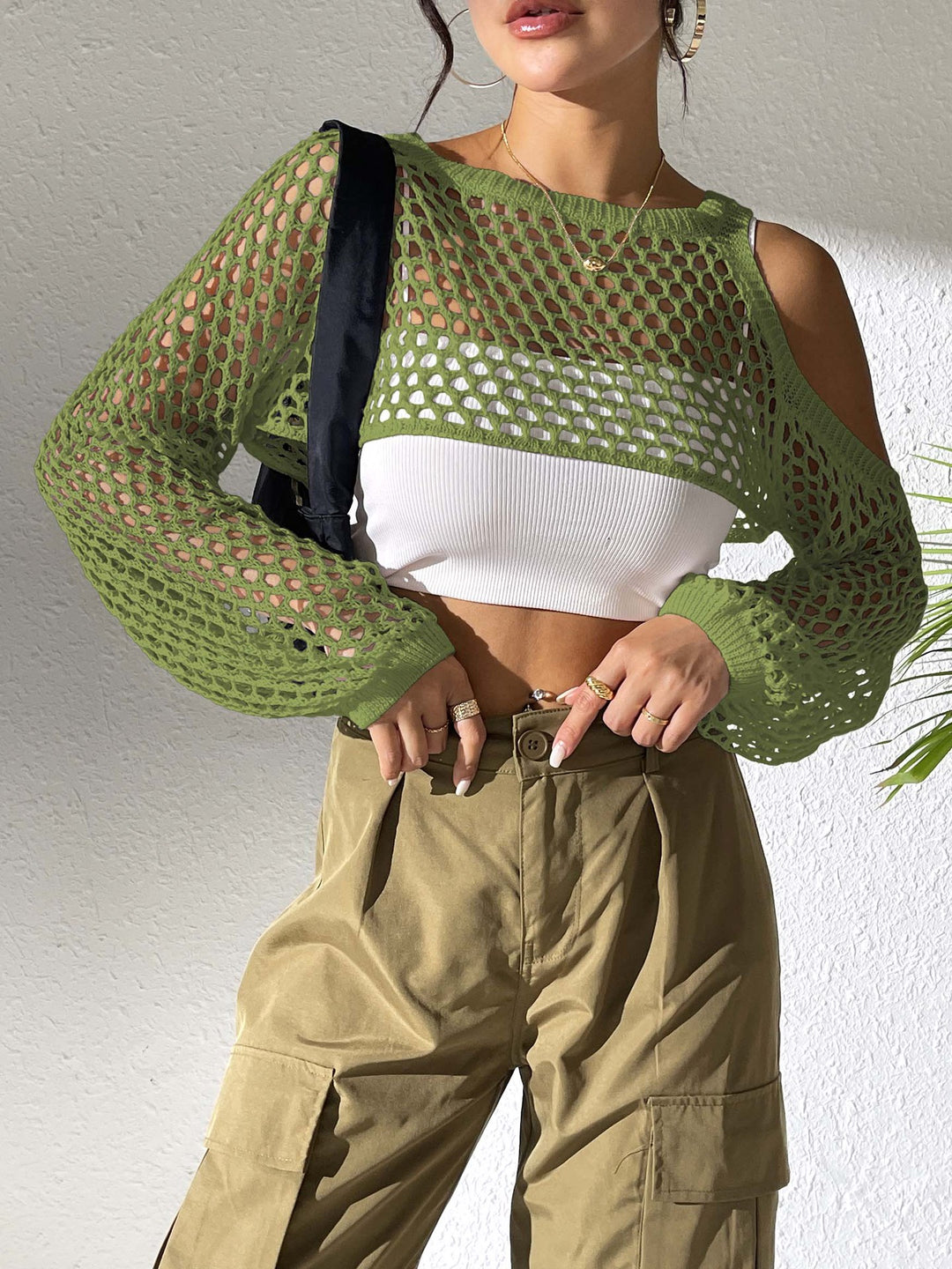 Damen lässiger Netzpullover mit offenen Schultern Drune