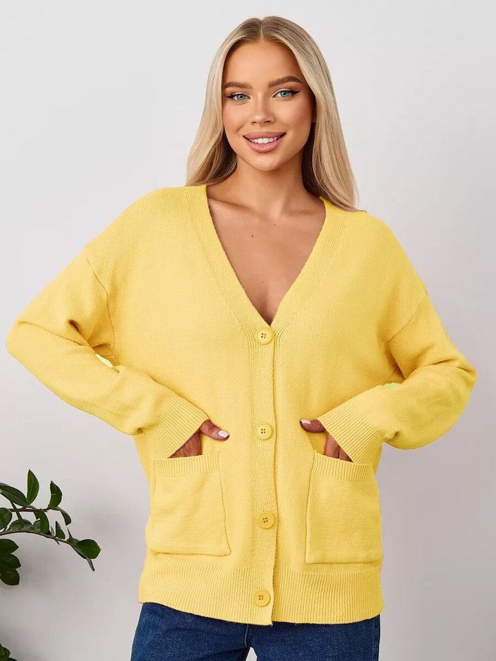 Damen Grobstrick-Cardigan mit tiefem V-Ausschnitt und praktischen Taschen Drune