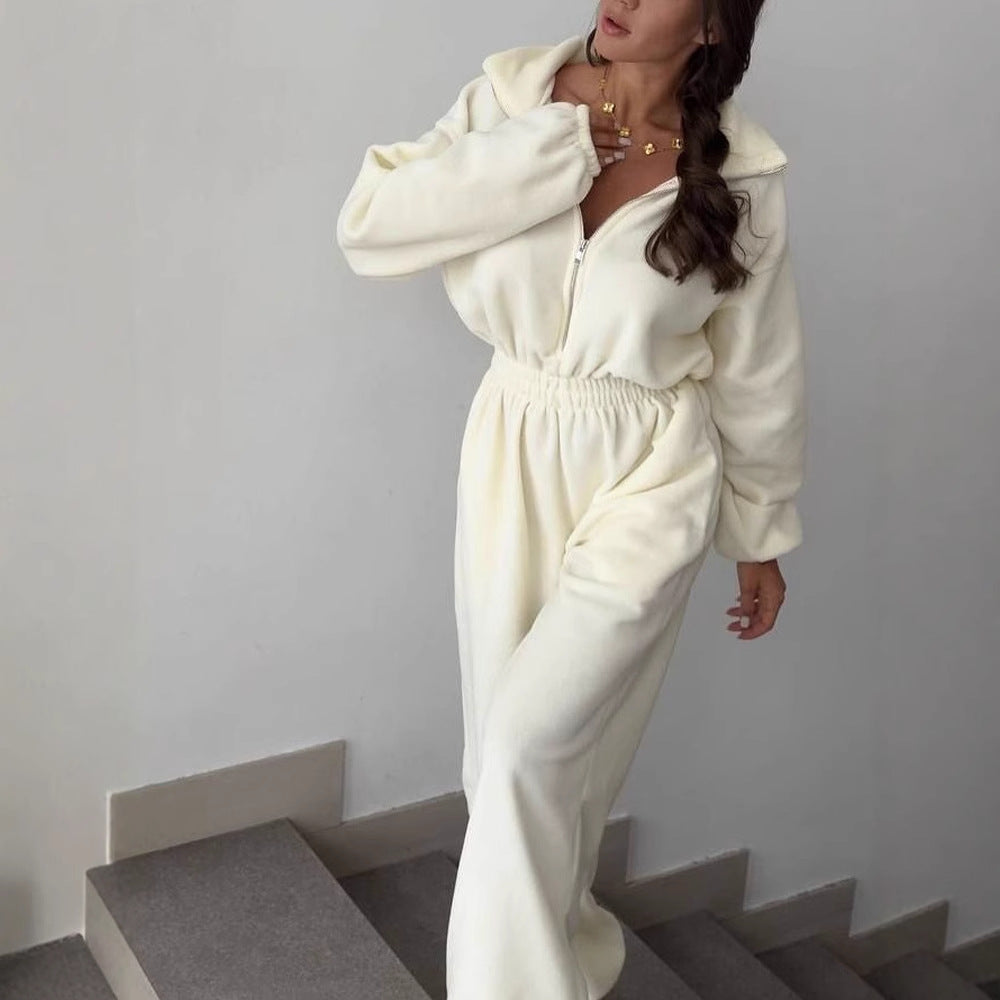Damen Oversized Fleece-Jumpsuit mit Stehkragen und elastischem Bund Drune