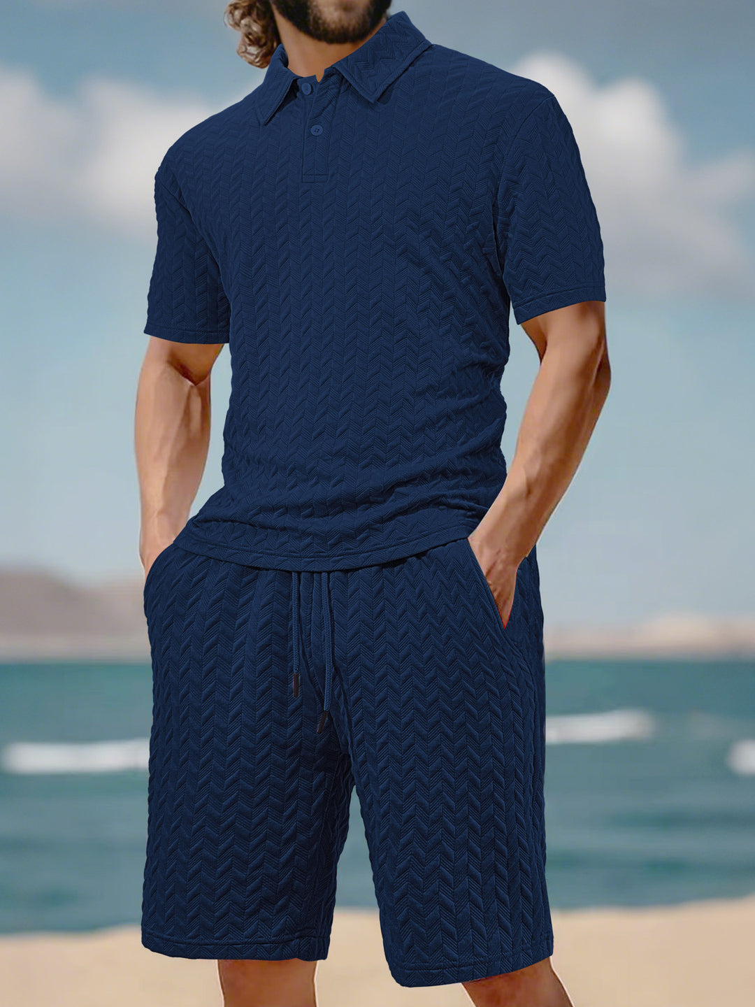 Herren nan geprägtes Strand-Ensemble mit offenem Kurzarm-Hemd und Kordel-Bermuda Drune