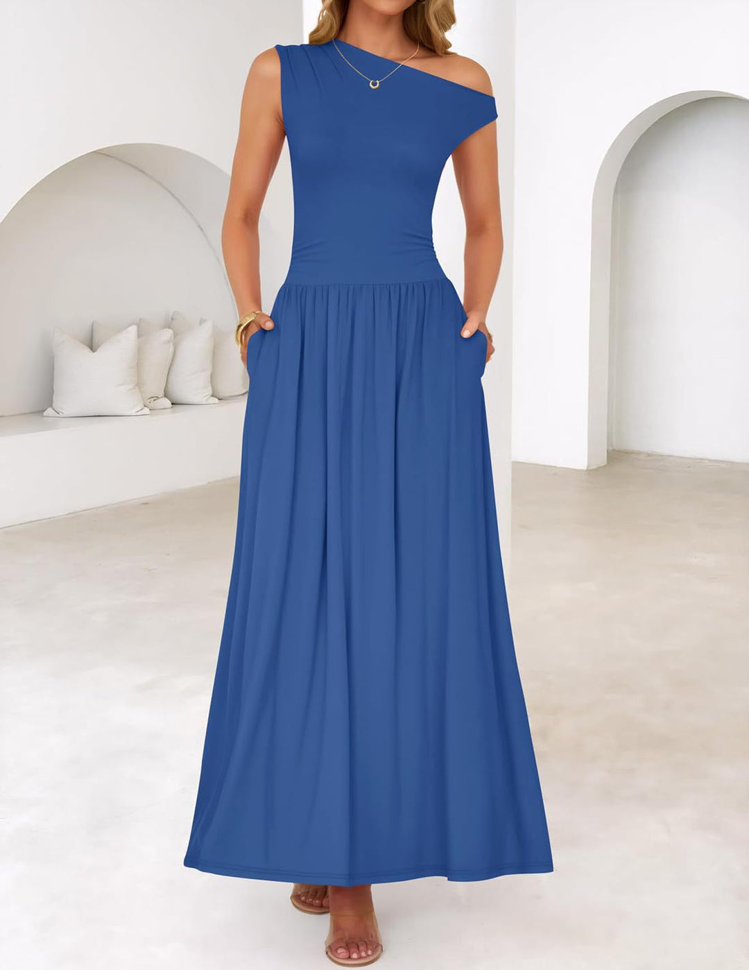 Damen Asymmetrisches Maxikleid mit One-Shoulder, Taillenbetonung und Seitentaschen Drune