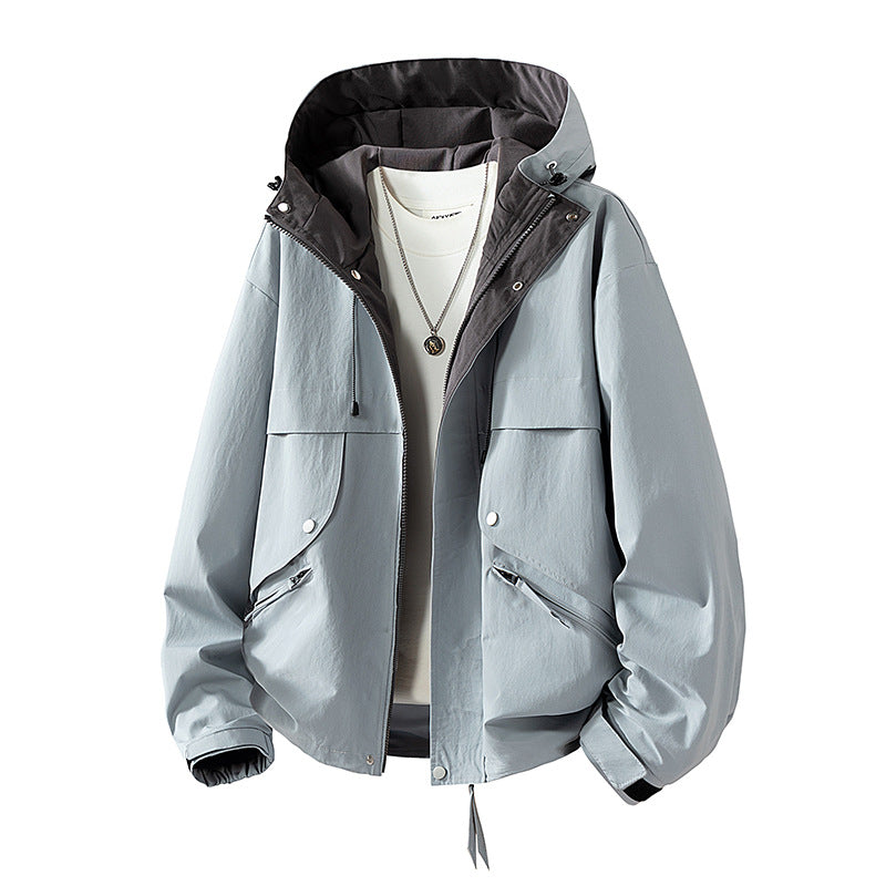 Unisex leichte windabweisende Übergangsjacke mit verstellbarer Kapuze, Kordelzug und Reißverschlusstaschen Drune