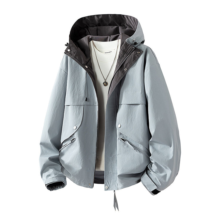 Unisex leichte windabweisende Übergangsjacke mit verstellbarer Kapuze, Kordelzug und Reißverschlusstaschen Drune