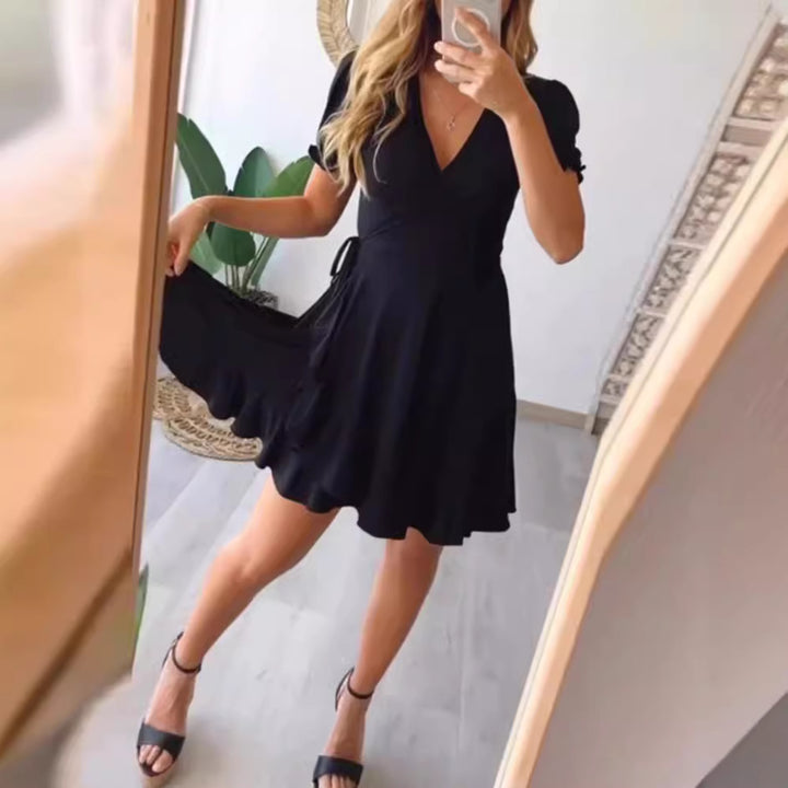 Damen nan leichtes Wickelkleid mit V-Ausschnitt, Kurzärmeln, Taillenband und Volantrock Drune