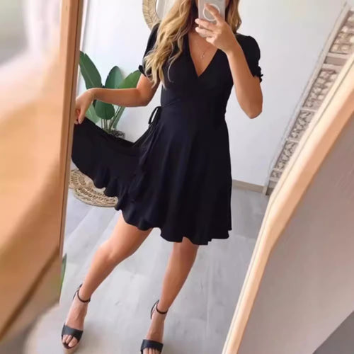 Damen nan leichtes Wickelkleid mit V-Ausschnitt, Kurzärmeln, Taillenband und Volantrock Drune