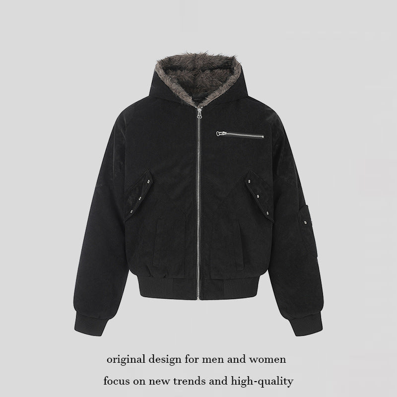Damen Oversize Velours-Bomberjacke mit Kapuze, Kunstfellfutter und Reißverschluss-Front Drune