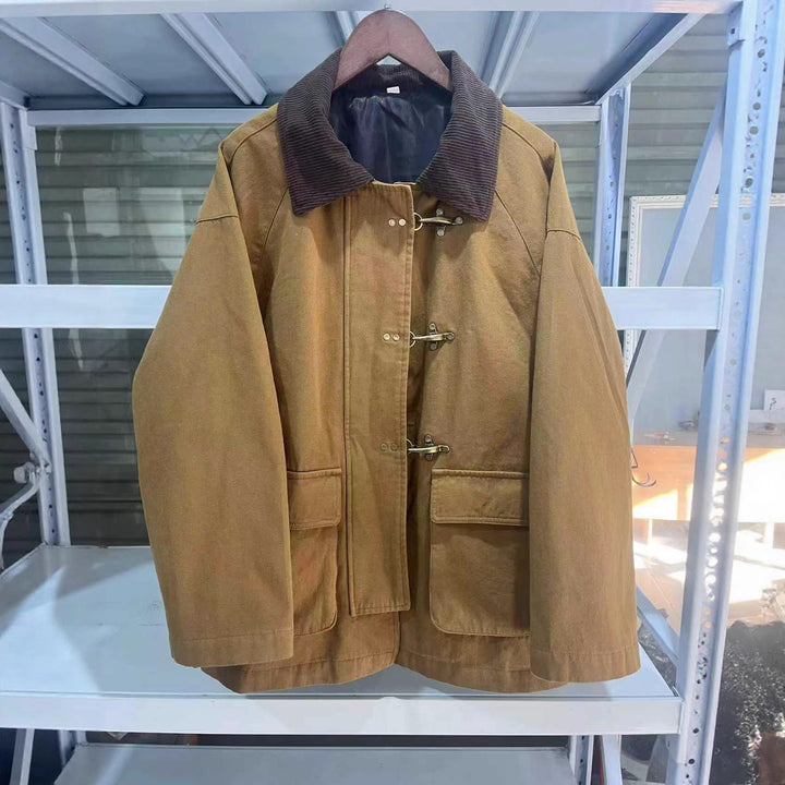 Damen Oversize Kurzmantel mit Knebelverschlüssen und Cordkragen Drune