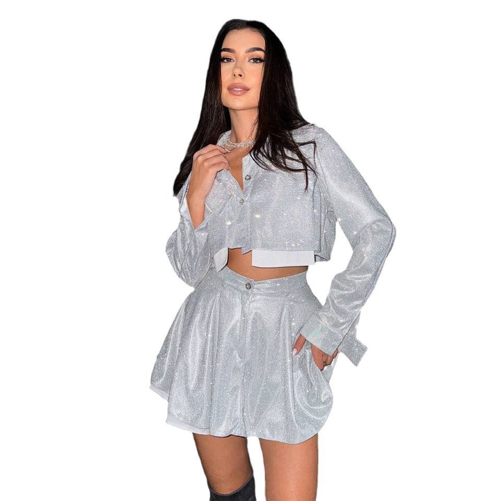 Damen Glänzendes Kurzarm-Oberteil mit Rock Drune