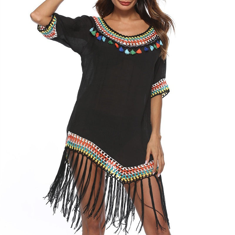 Damen Strandüberwurfkleid mit fransigem Saum und buntem Häkelmuster Drune