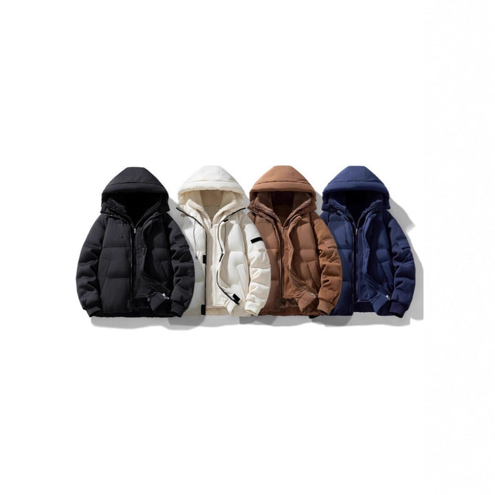 Herren Wattierte Kapuzenjacke mit Teddyfutter und kontrastierenden Softshell-Ärmeln Drune