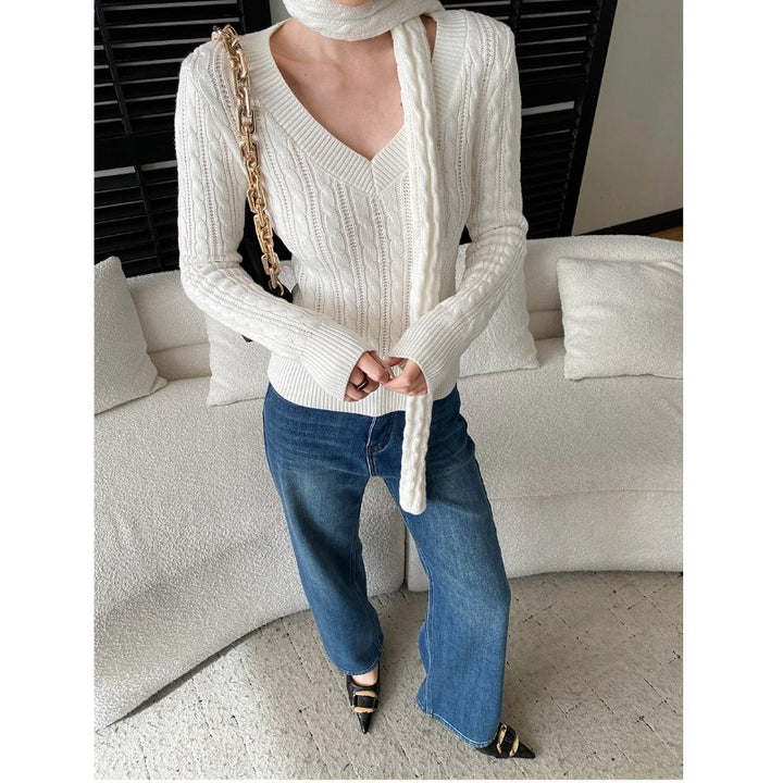 Damen eleganter V-Ausschnitt Pullover mit feiner Rippstruktur und geschmackvollem Design Drune