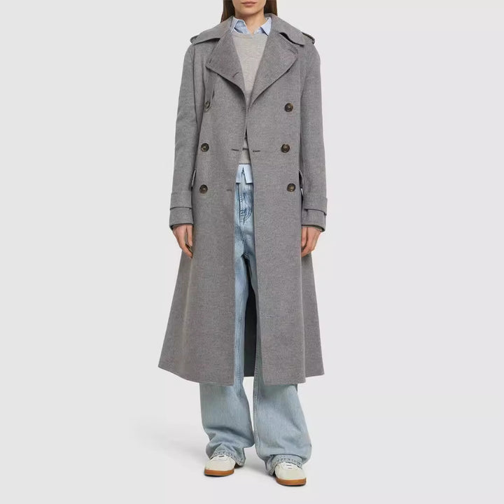 Damen Midilanger Taillierter Doppelreiher‑Trenchcoat aus Wollmix mit ausgestelltem Saum Drune