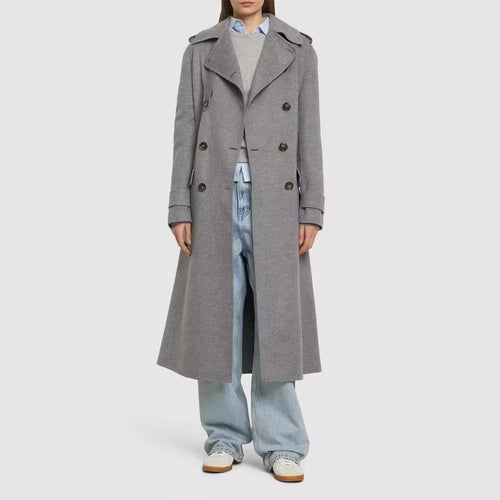 Damen Midilanger Taillierter Doppelreiher‑Trenchcoat aus Wollmix mit ausgestelltem Saum Drune