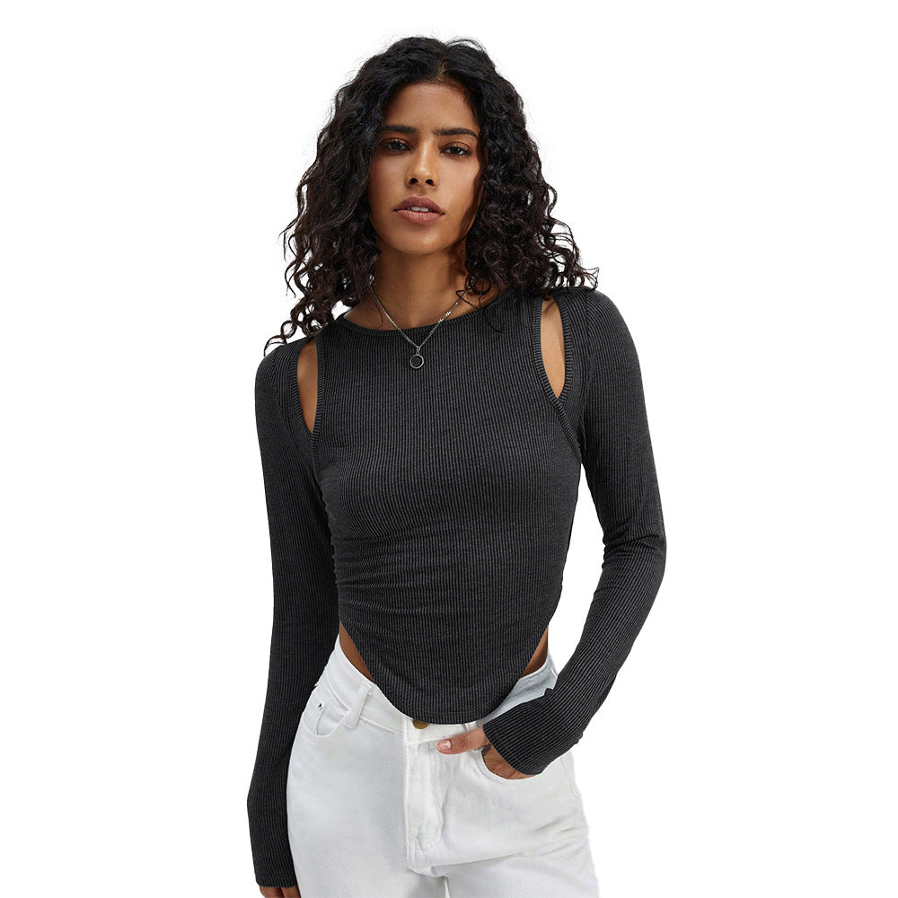 Damen geripptes Langarmshirt mit Cut-Out-Schultern und asymmetrischem Saum Drune