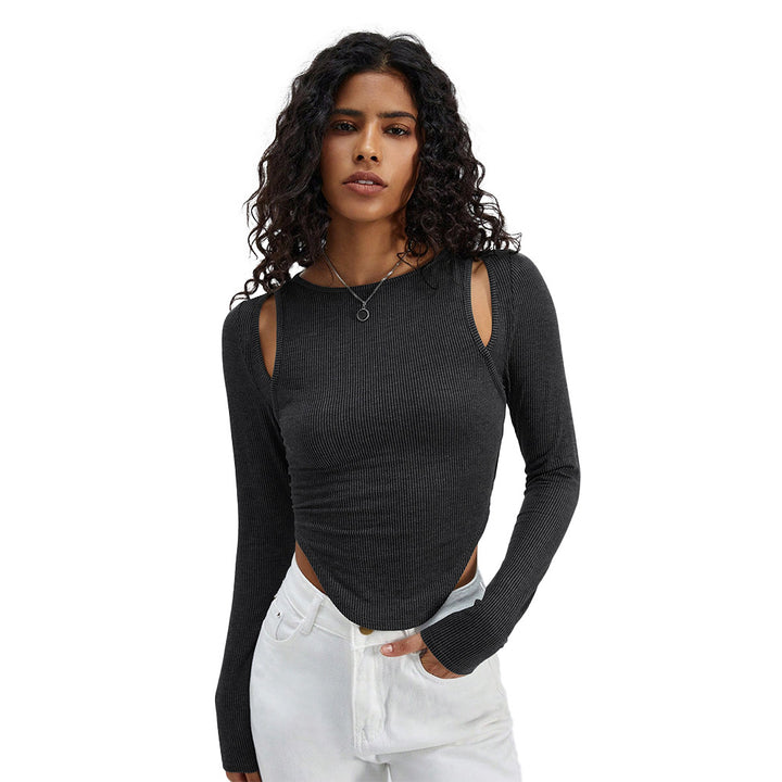 Damen geripptes Langarmshirt mit Cut-Out-Schultern und asymmetrischem Saum Drune