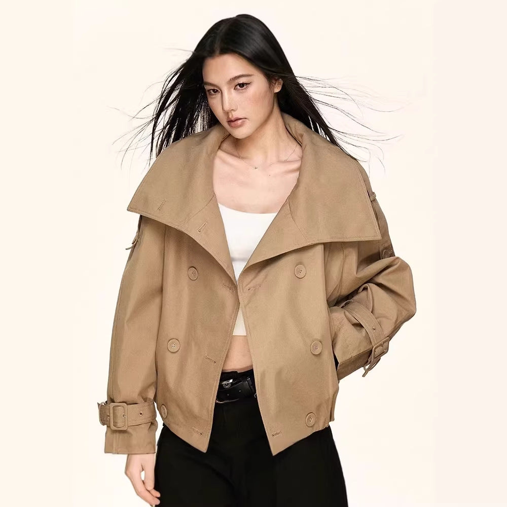 Damen Oversized Doppelreihige Trench-Bomberjacke mit hohem Stehkragen Drune