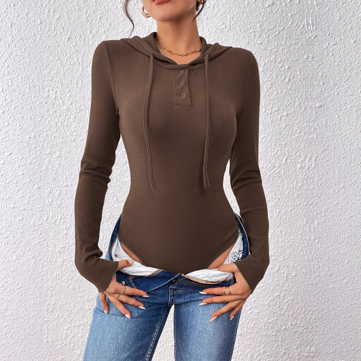 Damen Langarm Body mit Kapuze und Knopfdetail Drune