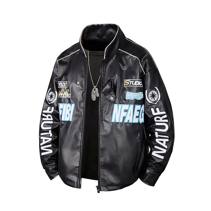 Men's  patch-detail street-style zip-up jacket with stand collar and graphic sleeve prints Drune