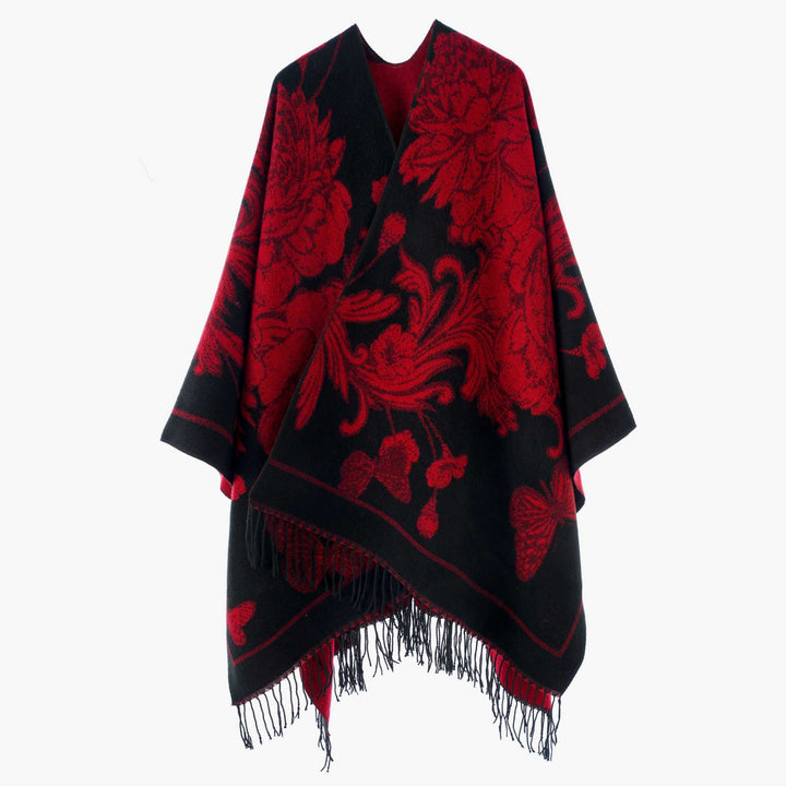 Damen Großer Wollmix Fransenponcho mit diagonalen Kontraststreifen Drune