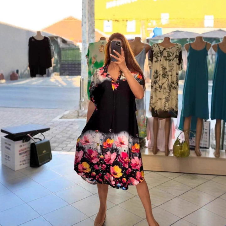 Damen nan leichtes Hemdblusenkleid mit floralem Bordürenprint, offenem V‑Ausschnitt und Einschubtaschen Drune