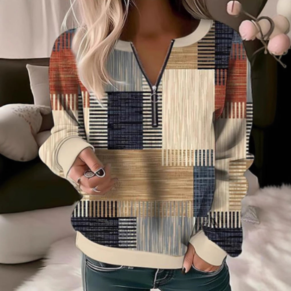 Damen nan gemütlicher Pullover mit kurzem Reißverschluss, grafischem Patchworkmuster, verlängerten Ärmelbündchen und geripptem Saum Drune