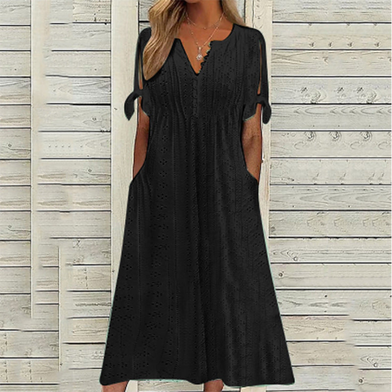 Damen Maxikleid mit Luftigen Ärmeln und Eleganten Lochmustern Drune