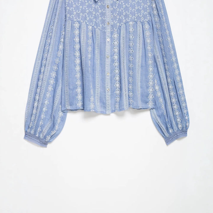 Damen Locker geschnittene Stickerei-Hemdbluse mit Broderie-Details, Knopfleiste und voluminösen Ballonärmeln Drune
